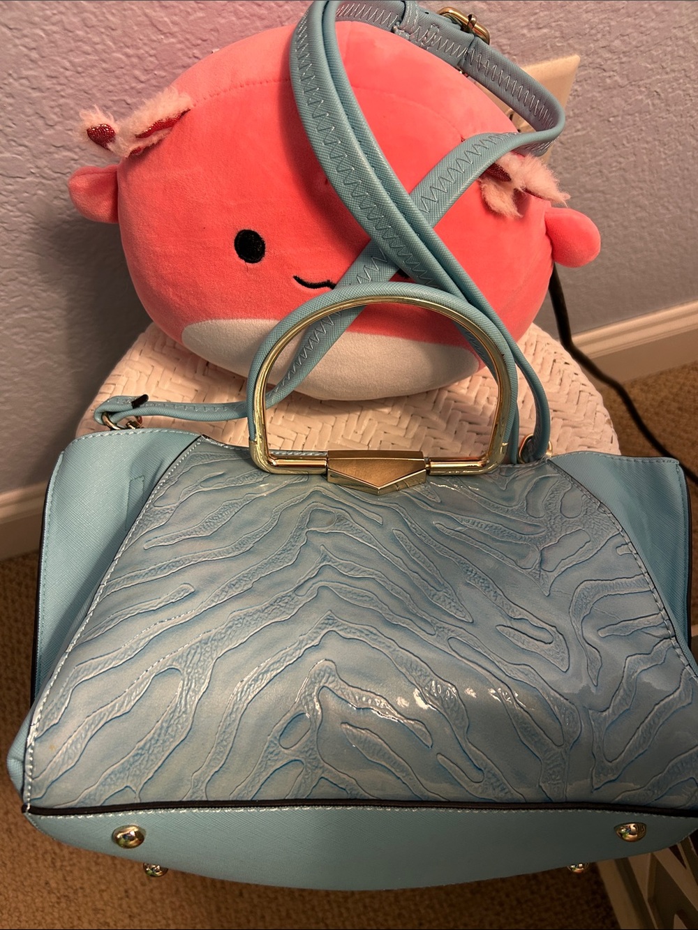 Aqua Textured Leather Satchel with Gold Accent - Picture 2 of 4